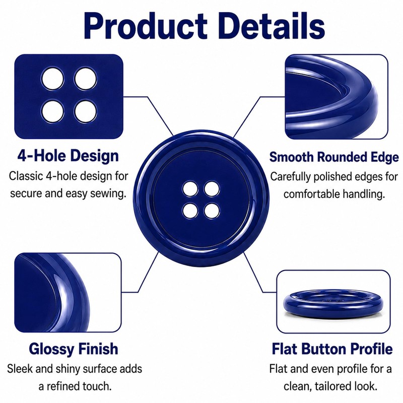 Pack of 12 Dark Blue Sew on 15mm Round Buttons