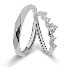 Meissa Matching Couple Ring Sets for Men and Women Sterling Silver Engagement Promise Wedding Statement Ring Bands Princess Cut Diamond Ring Size Adjustable, Set of Two Rings