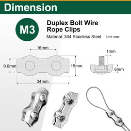 20 Pack Wire Rope Clips for 1.5-3mm Cable, M3 Stainless Steel Double Rope Clamp with Washers and Wrench