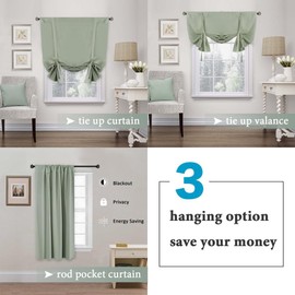 Solid Blackout Curtain Energy Efficient Tie Up Shades -Rod Pocket Panel for Kitchen (Sage 42W x 63L One Panel)