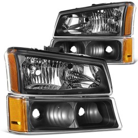 DNA MOTORING Pair OE Style Headlights Compatible with 03-06 Chevy Silverado 1500 2500 3500 1500HD 2500HD, Black/Amber, HL-OH-CSIL03-4P-BK-AM-B