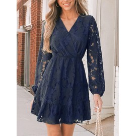 CUPSHE Women Elegant V Neck Lace Peasant Sleeves High Waist A-Lined Wedding Mini Dress Blue, L
