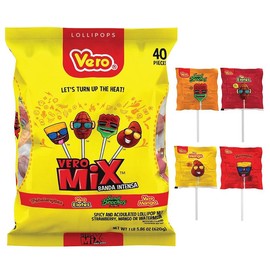 Vero Banda Fuego Mix Assorted Chili Lollipops Artificially Flavored Net Wt. 21.86 Ounces 40 Count Bag Mexican Candy Dulces Mexicanos Candies Spicy Sweet Sugar Snack Bonbon Mango Mangga
