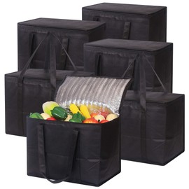 Set of 6 Large Insulated Reusable Grocery Bags with Sturdy Zipper and Handles, Foldable Washable Heavy Duty Cooler Totes for Hot or Cold Food Delivery, Groceries, Travel, Shopping