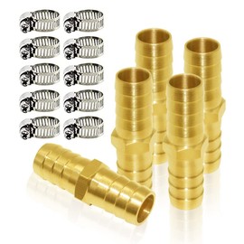 Joywayus 5/8" ID Hose Barb Hex Union Brass Fitting Water/Fuel/Air with 10 Stainless Steel Clamps (Pack of 5)