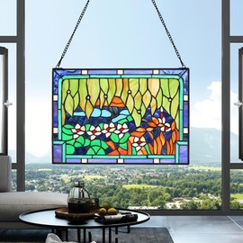 YOURANJU Stained Glass Window Hanging Handicraft Lotus Pond Rectangular Glass Window Panel 16"X11" Tiffany Plant Style Window Suncatcher Perfect Window Hangings Housewarming Gift (With Chain Hook)