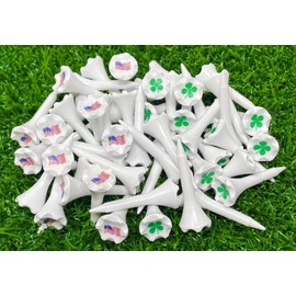 NorthPointe 1 ½” Plastic Golf Tees – Short Tees for Irons, Par Threes, Hybrids, and Driving Range - Pack of 50 or 100 Bulk in High Visibility White Durable Plastic (50, Combo Shamrock & Flag, 1 1/2)