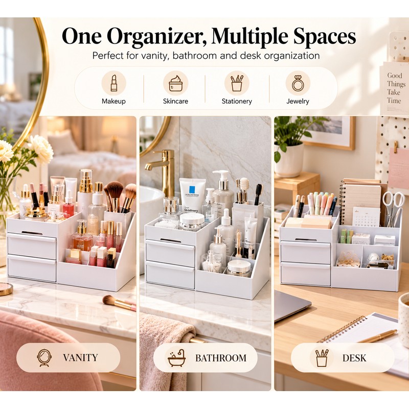 9-Grid Makeup Organizer for Vanity Storage – White Plastic Drawers