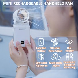 SYBOYEGE High-Speed Portable Handheld Fan with 100 Speed Adjustable, 270° Rotation, Smart Sisplay, Clip/Neck/Hang Multipurpose Small Desk Fan,Fast Cooling Travel Fan (White)