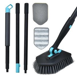 Long Handled Scrub Brush for Shower,3-in-1 Cleaning Brushes with 3 Different Function Cleaning Heads Brush for Shower Cleaning Bathroom Kitchen Walls Tub Tile (Black)