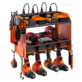 CCCEI Modular Power Tool Organizer Wall Mount with Charging Station. Garage 4 Drill Storage Shelf with Hooks, Drill Bit Heavy Duty Rack, Orange Tool Battery Holder Built in 8 Outlet Power Strip.