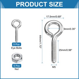sourcing map 5 Pack Eye Bolts, M5 x 25mm 304 Stainless Steel Threaded EyeBolt Silver Eye Hooks with Nut for Hanging or Securing Cables
