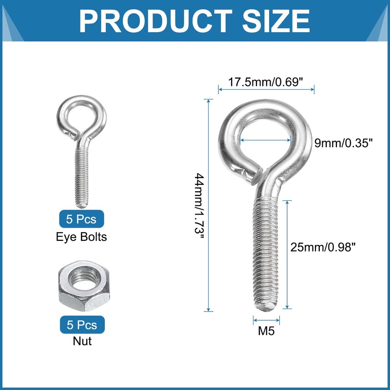 sourcing map 5 Pack Eye Bolts, M5 x 25mm 304
