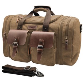 Wildroad 60L Travel Duffel Bag, Expandable Canvas Genuine Leather Duffle Bag Upgraded Overnight Weekender Bag Carry on Bag (Coffee, X Large-60L)