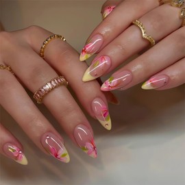 Yellow French Tip Press on Nails Medium Almond Yellow Fake Nails with Pink Flower Designs Cute False Nails Medium Acrylic Glue on Nails French Artificial Nails Summer Stick on Nails for Women 24Pcs