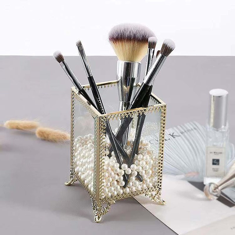Makeup Brush Holder Vintage Glass Handmade Organizer with White Pearls