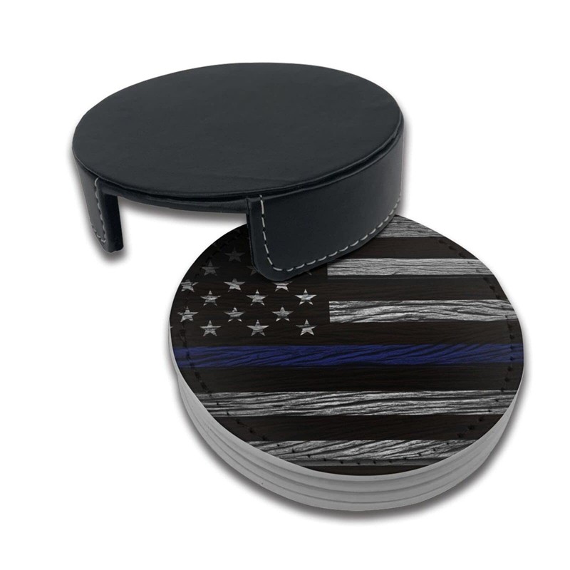 Thin Blue Line Leather Drinks Coasters with Holder Set of