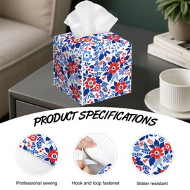 Red and Blue Flowers Tissue Box Cover Square,Tissue Box Holder with Belt Bottom,Stylish Leather Napkin Holder for Vanity Countertop,Nightstands,Office Desk,5.2"×5.2"×5.2"