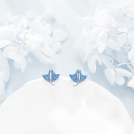 Stingray Stud Earrings 925 Sterling Silver Stingray Post Earrings Opal Manta Ray Jewellery for Women Female Ocean Lover Gifts