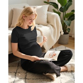 Ficerd 3 Pack Women's Maternity T-Shirts, Short Sleeve Cotton Maternity Tops Comfy Crew Neck Side Ruched Pregnancy Clothes(Black, White, Light Gray,Large)