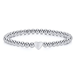 FLHEART Heart Bracelet Silver Women's Stainless Steel Silver Bracelet Friendship Bracelet 5 mm Elastic Ball Bracelet Silver Bracelets with Heart Charm, Birthday Gifts Jewellery for Women Girls