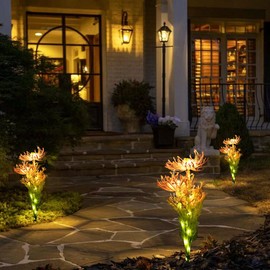 Solar Fake Flower Lights Outdoor Realistic Pink-Orange Hydrangea & Chrysanthemum Decor Lamps Wireless DesignIP65 Waterproof Auto Day charae 6-8h/Niaht Glow 8-10h Larger Solar Panel Brighter Light