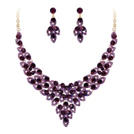 EVER FAITH Crystal Luxury Hollow Leaves Necklace Earrings Set for Bridal, Banquet Purple Gold-Tone