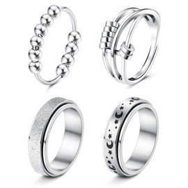 FUNRUN JEWELRY 4Pcs Stainless Steel Fidget Anxiety Ring for Women Men Fidget Spinner Rings Moon Star Celtic Stress Relieving Spinning Ring Wedding Band Rings Set(S8)