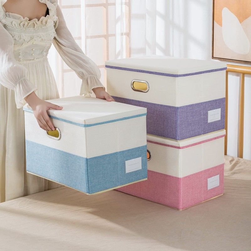 PRANDOM Large Foldable Storage Bins with Lids [3-Pack] linen Fabric