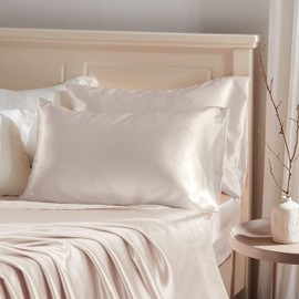 Manyshofu Beige Satin Pillowcase for Hair Protection- 2Pcs Queen Pillow Cases, Luxury & Silky Pillowcases 20x30 Pillow Covers with Envelope Closure