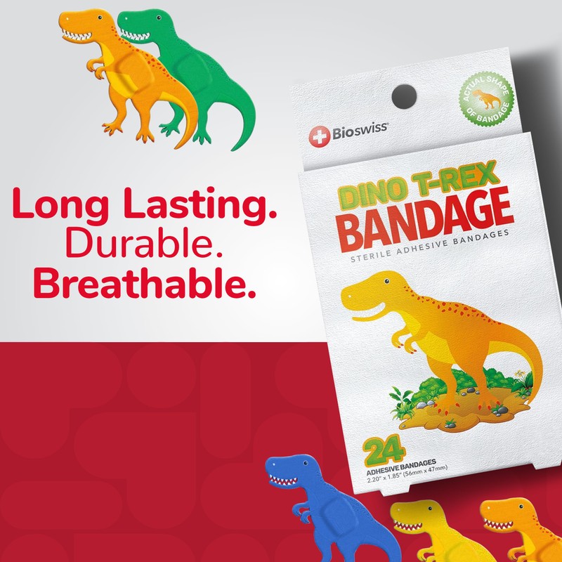BioSwiss Bandages, Dinosaur Shaped Self Adhesive Bandage Set, Latex Free,