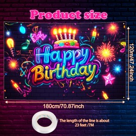 Qpout Glow in the Dark Neon Birthday Background, 5.9 ft x 3.6 ft Party Banner for Neon Birthday Decorations, Perfect for Photo Booth and Party Supplies