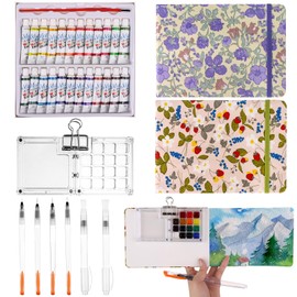 Youdaju 11 Pcs Mini Portable Watercolor Palette Set Pocket Watercolor Travel Set Acrylic 15 Grid Paint Box 2 Pcs 32K Watercolor Paper Pad Sketchbook 6 Paint Brushes, Binder Clips, 24 Color Paints