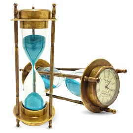 ANTIQUANA Antique Brass Compass Hourglass Nautical Maritime Sand Timer & Desk Clock Vintage Hour Glass Metal Sand Watch Sand Clock Decorative Sandglass for Gift & Home Desk Office Decor