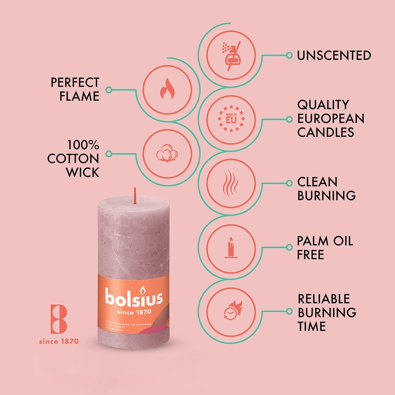 BOLSIUS 4 Pack Ash Rose Rustic Pillar Candles - 2.75