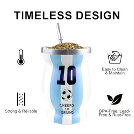 Argentina Captain No.10 Mate Cup Set, 2026 International Soccer Gifts, Double-Wall Stainless Steel Traditional Yerba Mate Cup Set, Spoon Straw & Cleaning Brush