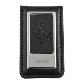 Black Leather Square & Compass Masonic Money Clip - [Silver][3'' Tall]