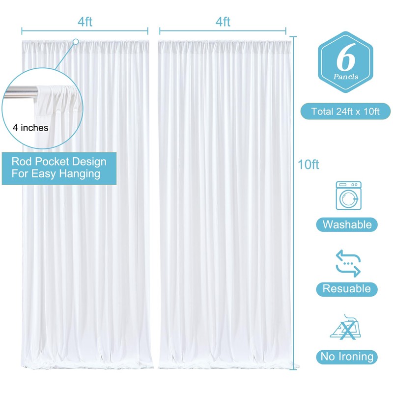 White Backdrop Curtains 6 Panels, 10 Feet Wrinkle-Free Polyester Photography