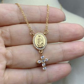 Cross and Virgin Mary Medallion Necklace,Gold Plated Medal Cubic Zirconia Necklace for Women