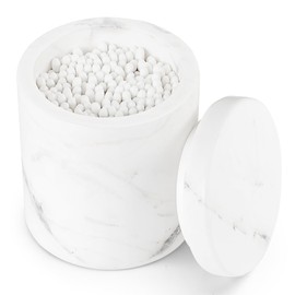 N NANSHOP Natural Marble Canister, Cotton Swab Holder with Lid, High Capacity Bathroom Qtip Holder Storage for Cotton Swab, Floss Picks, Makeup Pad, Bath Salt, Jazz White(NS020)