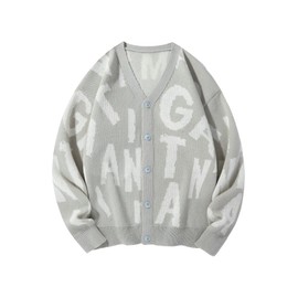 Floerns Men's Letter Print Button Up Sweater Top V Neck Long Sleeve Knit Cardigan Light Grey Medium