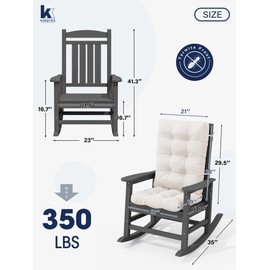 KINGYES HDPE Rocking Chair Outdoor with Thick Cushions, All-Weather Patio Rocking Chair Porch Rocker for Outside, Grey Chair with Beige Cushion