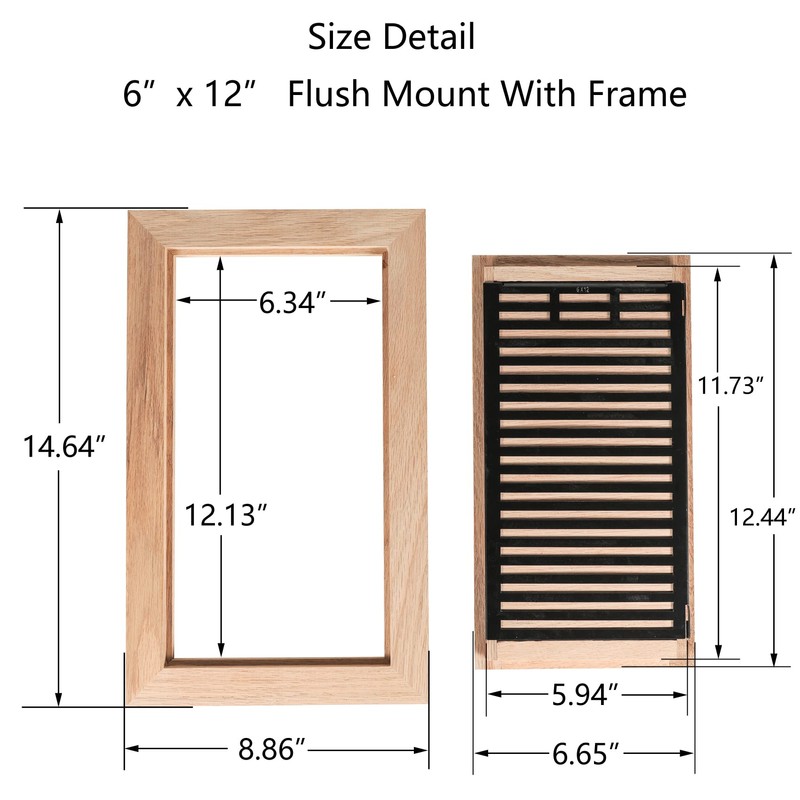 Hardwood White Oak Floor Register, Flush Mount with Frame, 6x12