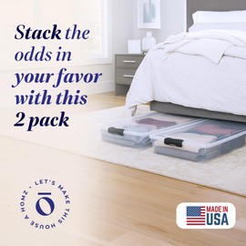 HOMZ 2-Pack Under Bed Storage, Clear Plastic Containers with Lids, 60 Quart, Gray Latch - Stackable Underbed Organizer Bins for Shoes, Bags, Clothes, and Towels