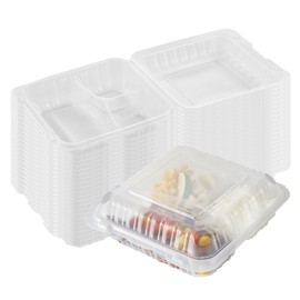 Restaurantware-RW Base 47 Ounce Clamshell Containers, 100 Disposable Take Out Boxes - 3 Compartments, Secure Lids, Clear Meal Prep Containers, Microwavable, For Pasta Or Salads