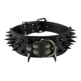 Berry Pet Sharp Spiked Studded Dog Collar - Stylish Leather Dog Collars - 2 Inch in Width Fit for Medium & Large Dogs - Such as Pitbull Mastiff - Black Rivets & Black Leather,19-22"