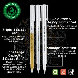 MARTCOLOR Gold Silver White Gel Pens, 1mm Fine Point Gel Ink Pen Opaque Archival Ink Pens for Black Paper Drawing, Sketching, Illustration, Card Making, Bullet Journaling, 3 Pack