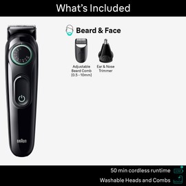Braun All-In-One Style Kit Series 3 3430, 3-in-1 Trimmer for Men with Beard Trimmer, Ear & Nose Trimmer, Hair Clippers, Ultra-Sharp Blade, 20 Length Settings, Washable