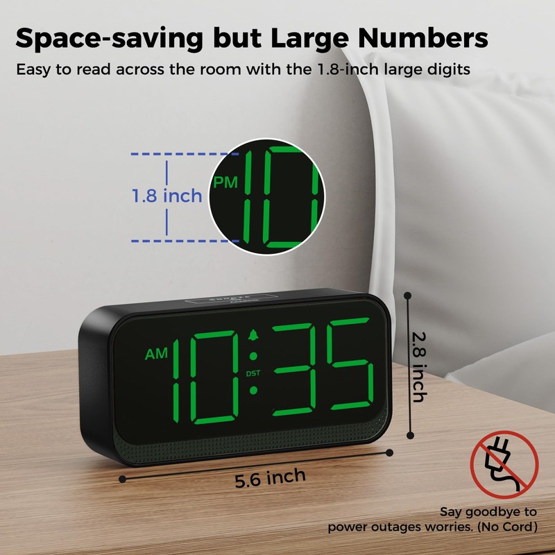 Battery Operated Digital Clock: Cordless Small Alarm Clock for Bedroom