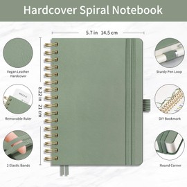 EMSHOI A5 Graph Paper Notebook, Spiral Notepad 150 Sheets/300 Pages, 100gsm, Hardback, Sticky Notes, Pocket, Pen Loop, Ruler, Bookmark, Squared Journal for Women Men Writing, 14.5 x 21cm, Sage Green